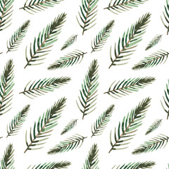 Seamless pattern with watercolor Christmas tree branches on a white background. Part of a tree, twigs, an element of nature.