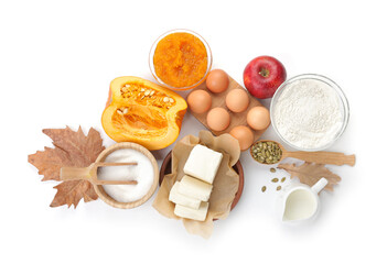 Ingredients for preparing pumpkin pie on white background
