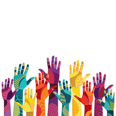 Colorful up hands. Volunteers. Vector illustration, an association, unity, partners, company, friendship, friends party background. Vector illustration - 393840506