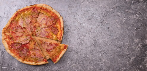 Tasty pepperoni pizza. On wooden background