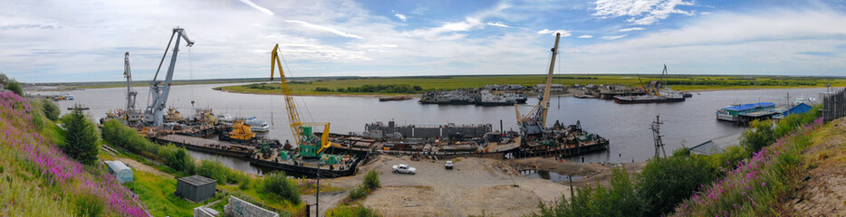 View at the port on Poluy river. Salekhard, Yamalo-Nenets Autonomous Okrug (Yamal), Russia.