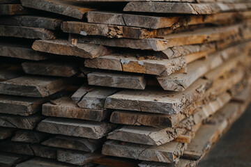 Closeup shot of a stack of wooden planks