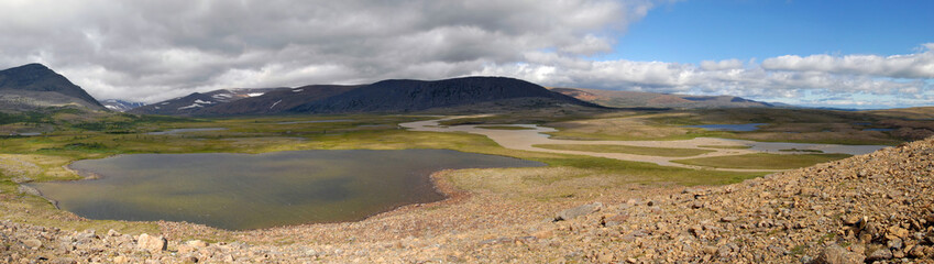 Tundra landscape. View at Ray-Iz massif and Yengayu river valley. Yamalo-Nenets Autonomous Okrug (Yamal), Russia.