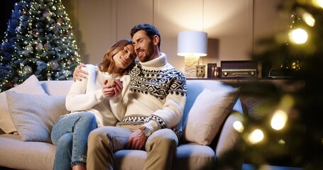 Joyful Caucasian family sitting in living room on Christmas Eve together. Happy caring husband hugging wife with cup of hot tea or chocolate celebrating new year together at home. Holidays concept