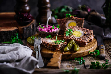 meatloaf with beets and eggs.selective focus..style rustic