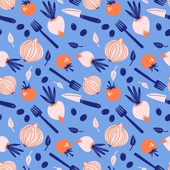 Seamless vector pattern with vegetable. Onion, radish, tomato, olives, knife, fork, leaves. Healthy background for fabric, textile, wallpaper, cloth