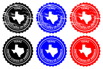 Texas - rubber stamp - vector, Texas (United States of America) map pattern - sticker - black, blue and red 