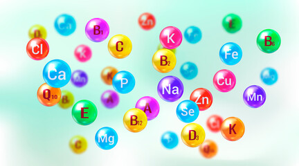 Essential vitamins and minerals. Multi Vitamin complex. Poster with different color glossy vitamin and mineral pills capsules.