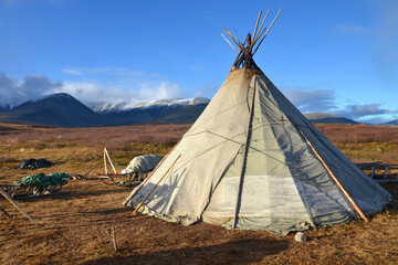 Chum (tent) of khanty reindeer herders in Malaya Paypudyna river valley. Polar Ural, Yamalo-Nenets Autonomous Okrug (Yamal), Russia.