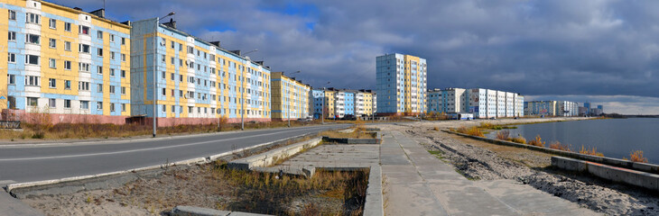 Fototapeta na wymiar Panoramamic view of Orudzhev embankment. Nadym, Yamalo-Nenets Autonomous Okrug (Yamal), Russia.