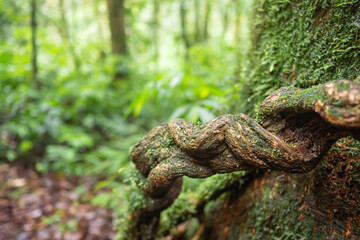 Forest in Kew Mae Pan nature trail at Doi Inthanon, Chiang Mai, Thailand. Famous tourist attractions of Thailand. Close-up of the tree with moss. Space for text