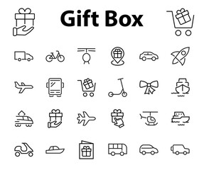Set of public transport related vector line icons. Contains icons such as bus, bike, suitcase, car, scooter, truck, transport, trolley bus, sailboat, motor boat, plane and much more. Editable stroke