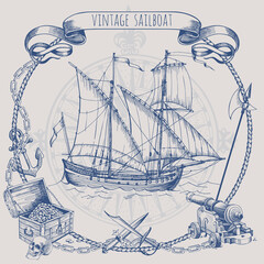 Adventure stories. Pirate background. Old caravel, vintage sailboat. Cannon, ghost ship, shipwreck, sea battle