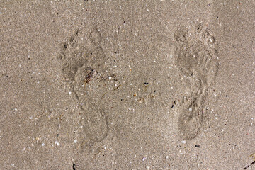 Texture background Footprints of human feet on the sand near the water on the beach