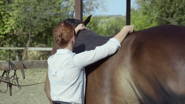 Young female rider put Bareback Riding Pad and Saddle on her horse