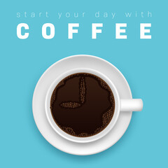 White coffee cup and saucer top view on light blue background