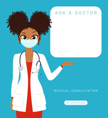 Online medical consultation concept. Young lady doctor character with stethoscope. Web banner template