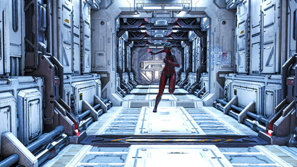 Illustration of a helmeted woman wearing goggles and a skin tight suit running down a long futuristic corridor.