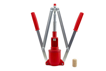 Double lever manual wine bottle corker with open levers and a single cork next to it; isolated on white background.