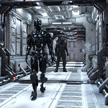 Illustration Of A Soldier Watching A Tall Robot Walking Away In A Long Futuristic Corridor.