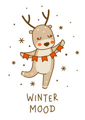 Cute little deer with party flags isolated on white background - cartoon character for funny Christmas and New Year winter greeting card and poster design