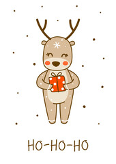 Cute little deer with gift box isolated on white background - cartoon character for funny Christmas and New Year winter greeting card and poster design