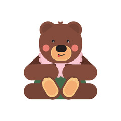 Bear in cartoon flat style. For garment print, cards, sticker, child school items, language educational course. Vector illustration.