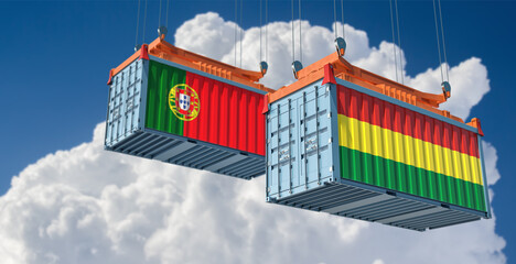 Freight containers with Portugal and Bolivia national flags. 3D Rendering 
