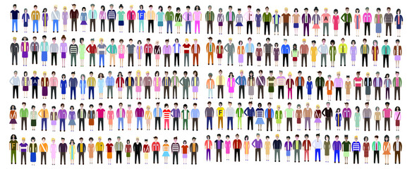 Set of 200 full body diverse business people. Flat icons design white isolated. Vector graphic illustration. Man and woman, Different nationalities characters