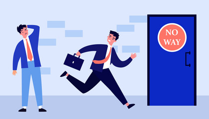 Unequal opportunities of job rivals. Office workers standing at obstacle, running to closed door flat vector illustration. Career, inequality concept for banner, website design or landing web page