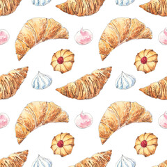 Bakery seamless pattern with croissants, cookie, meringue hand drawn in watercolor sketching style. Popular pastry for background, wallpaper, textile design. Food illustration, print.