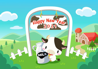 丑年　年賀状　2021年　牛と牧場の家