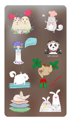 Set of icons with cute animals.Romantic vector stickers, cartoon design.