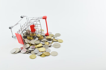 View of shopping cart and coins isolated on a white background. Shopping concept.