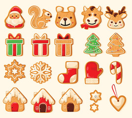 Set of cute gingerbread cookies for christmas. Christmas pastries. Biscuits. Isolated over white background. Vector illustration.