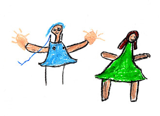 Wax crayon child's hand drawn women in colorfull dresses.Woman's day