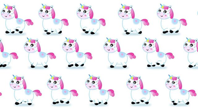 Cartoon isolated kawaii many unicorns walking character. Wallpaper good for any movie, presentation, etc... Funny sweet and cute children animation. Alpha channel, seamless loop.