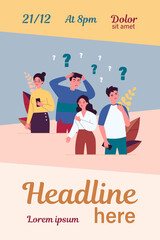 Concerned people solving problem. Depressed guys and girls looking for answers flat vector illustration. Challenge and question concept for banner, website design or landing web page