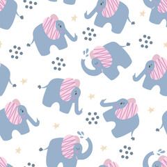 Seamless background with cute elephant. Decorative cute wallpaper for the nursery in the Scandinavian style. Suitable for children's clothing, interior design, packaging, printing.