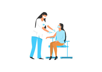 The nurse vaccinates the woman in a doctor's office. The concept of health protection through preventive vaccinations. Flat vector illustration.