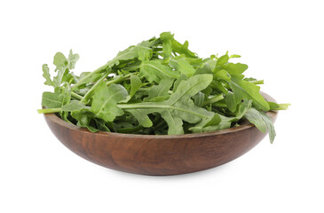 Delicious fresh arugula in wooden bowl isolated on white