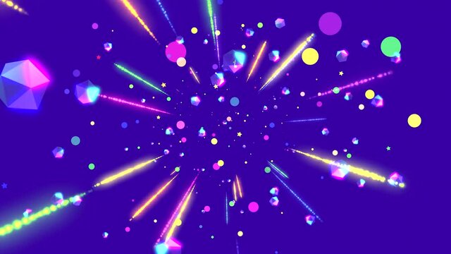 4K looped abstract geometric shapes with colorful rainbow light streaks effect motion graphics.