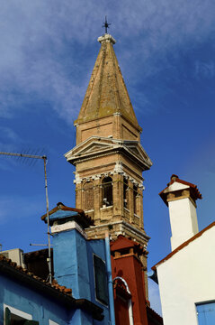 Detailed view of croocked bell tower (Campanile Storto) of the island of Burano near Venice, Italy