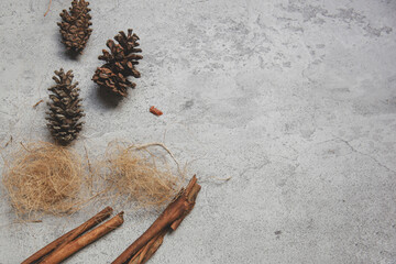 Autumn composition, autumn concept. Flat lay top view of autumn dried leaves on cement floor, copy space.