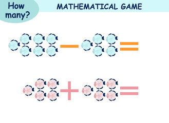 mathematical examples of addition and subtraction. educational page for children. sea world