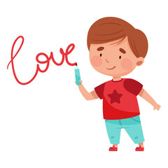 Pretty Boy Character Writing Love Word with Felt Pen Vector Illustration