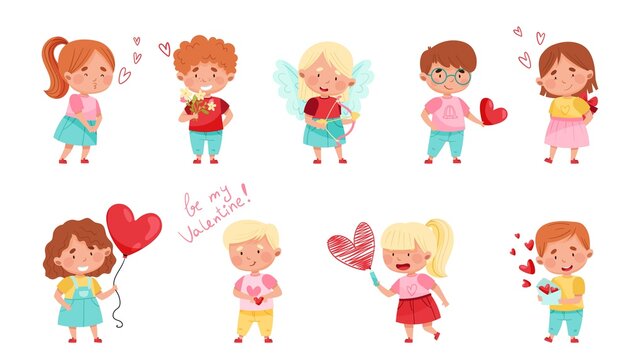 Pretty Boy and Girl Character Holding Love Heart and Valentines Card Vector Illustration Set