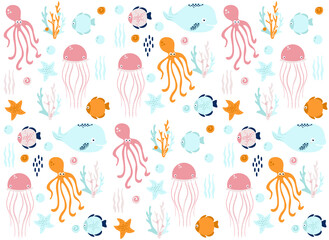 sea world (whale, fish, jellyfish, squid, star, seashell, algae, coral), vector illustration