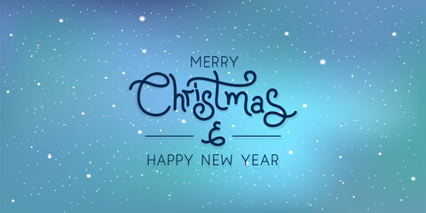 Merry Christmas text over falling white snow over blue sky background. Vector