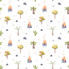 seamless pattern, wildlife, trees, cacti, volcanoes, watercolor illustration for children, design of rooms, textiles